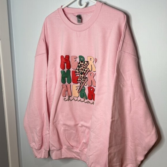 Merry Merry Merry Christmas Pink Holiday Christmas Sweatshirt Plus Size 2XL - Picture 3 of 11
